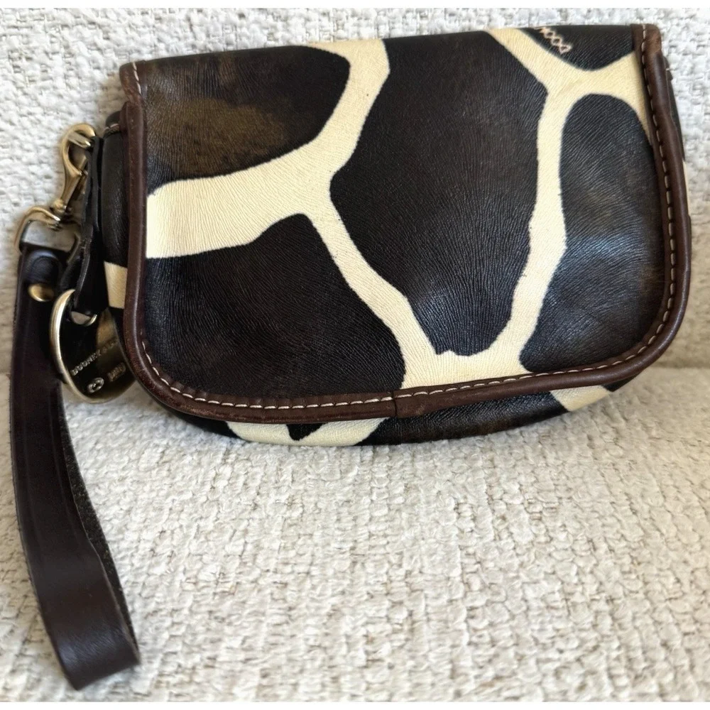 Dooney & Bourke Giraffe Print Haircalf Leather Flap Wristlet Bag Blue Logo Charm